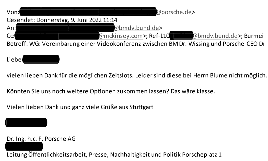 Mail von Porsche an das BMDV (9. Juni 2022): "Vielen lieben Dank und ganz viele Grüße aus Stuttgart". In CC ging die Mail an eine Person bei McKinsey